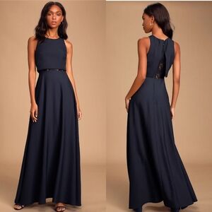 Lulus True Lover Navy Blue Lace Backless Maxi Dress NWT XS